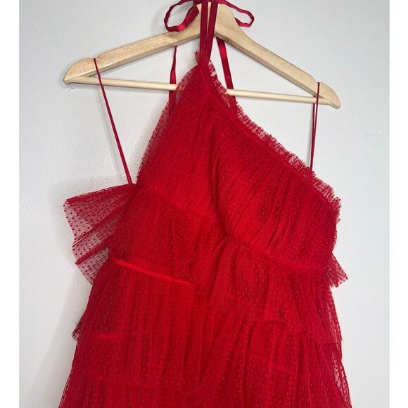 Alexis Raina Tiered Ruffled-Tulle Halter Mini Dress Cherry Red Size Medium - Picture 4 of 9